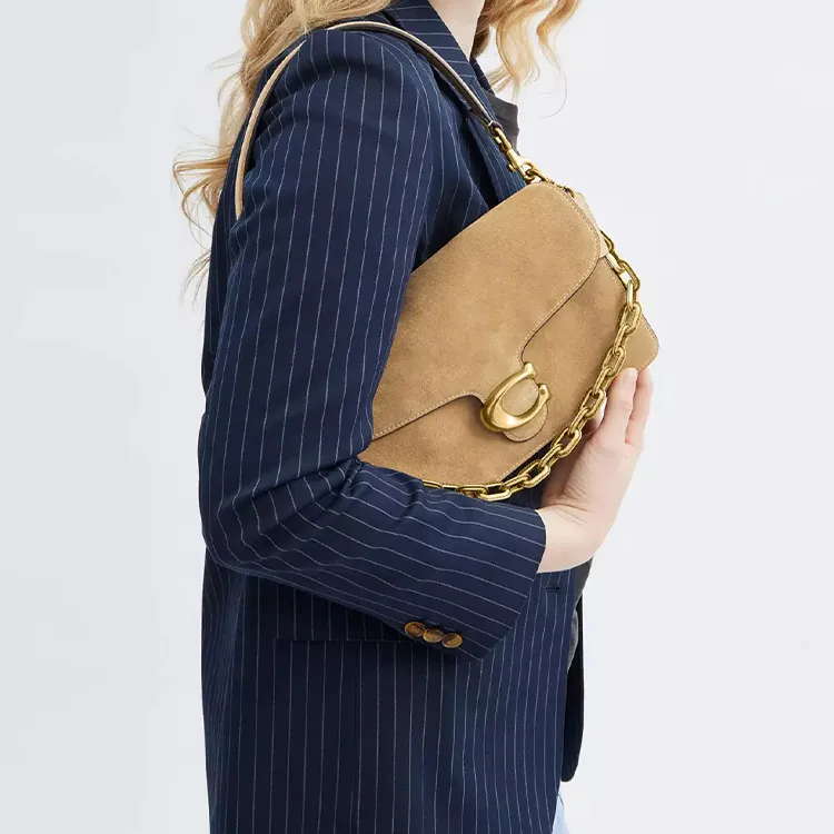 COACH Suede With Calfskin One Shoulder Handbag Tubas Women's Brass Sand Color-8