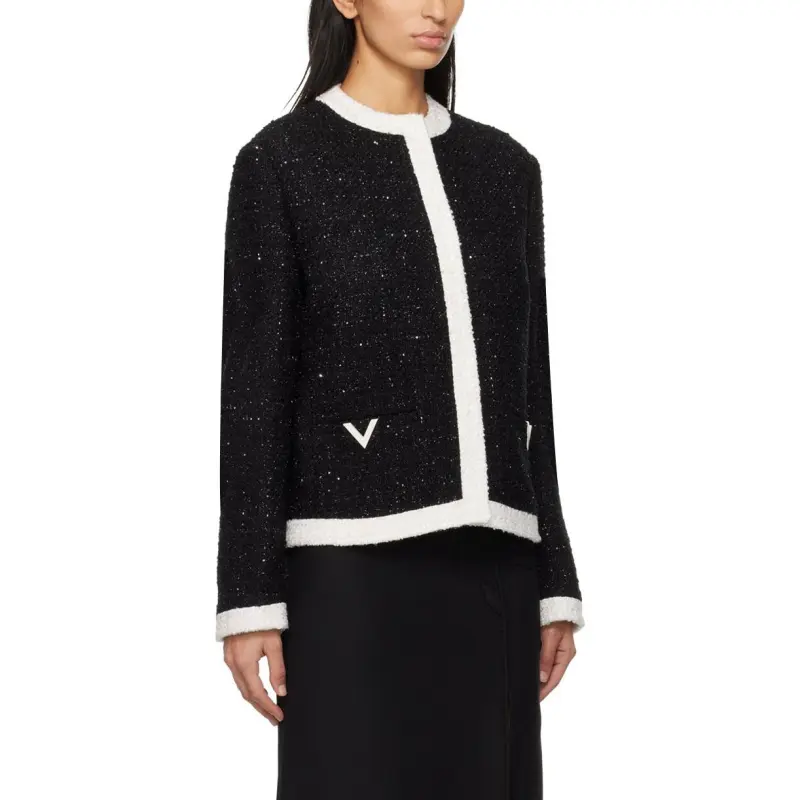 Valentino Logo Plaque Crewneck Tweed Jacket-3