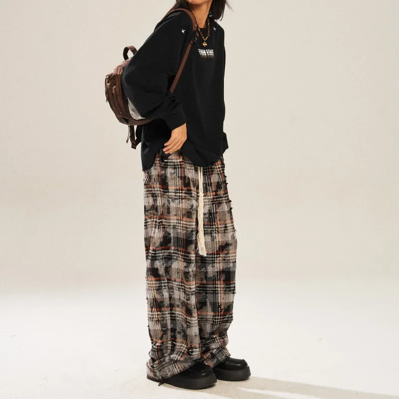 NSTNEW START Casual Pants Unisex Dark Gray Brown Plaid-3