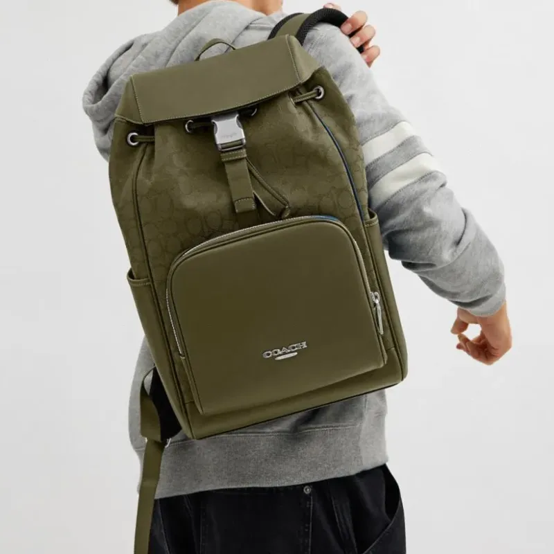 COACH Cow Leather Backpack Unisex Gray Olive-3