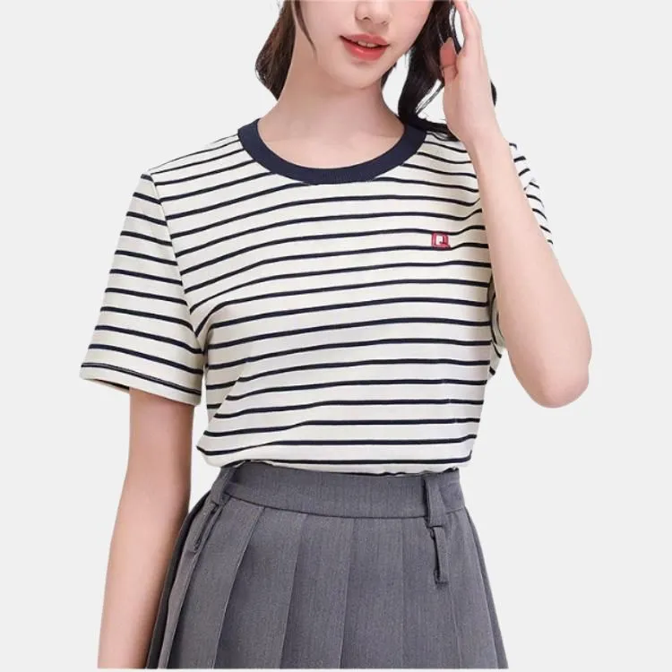 Three Blessings T Shirt Women's Apricot Base With Blue Stripes-2