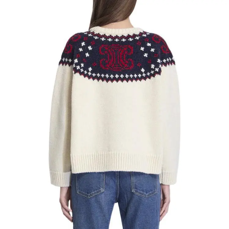 CELINE Embroidered Crew Neck Sweater In Fair Isle Wool-3