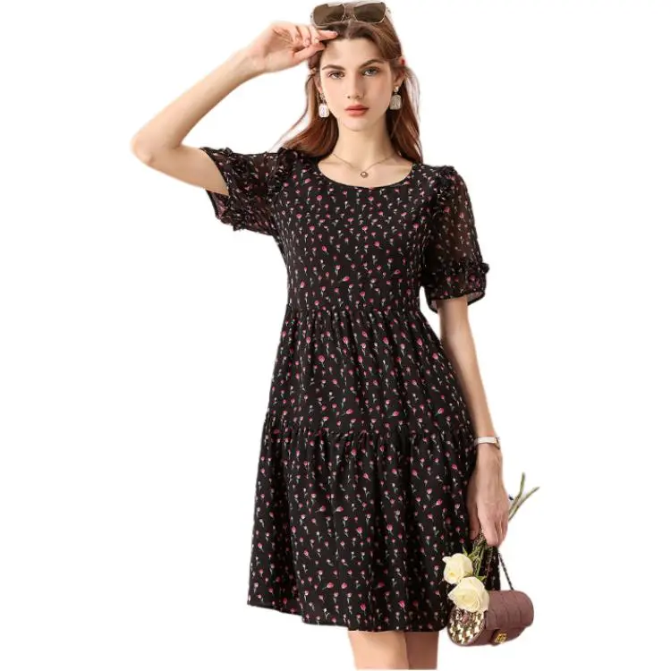 FENHONGMALI Short Sleeved Dress Women's Black-4