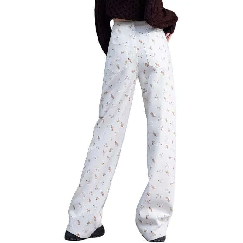 You Cow Me Pants Jeans Women's Beige With Print-1