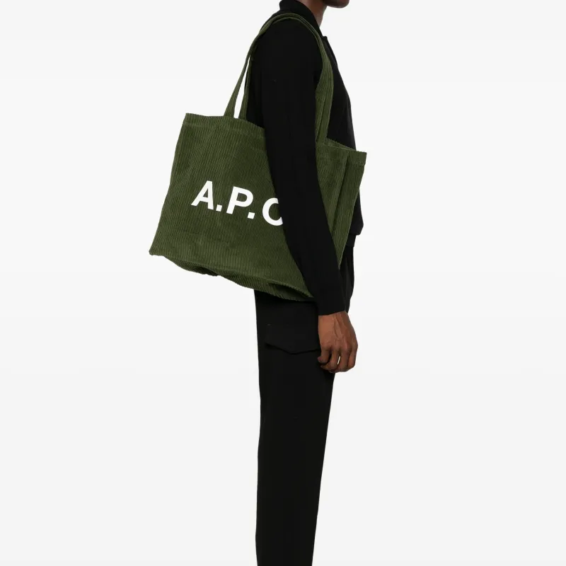 A.P.C Cotton With Corduroy Tote Bag, Shopping Bag, Handbag, Shoulder Bag Men's Forest Green-4