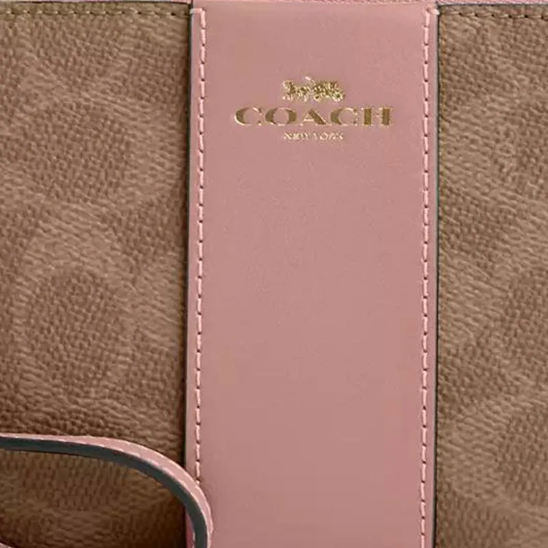 COACH Corner Zip Signature Coated Canvas Wrist Bags Clutches Small Size Women's Tan & Pink-2