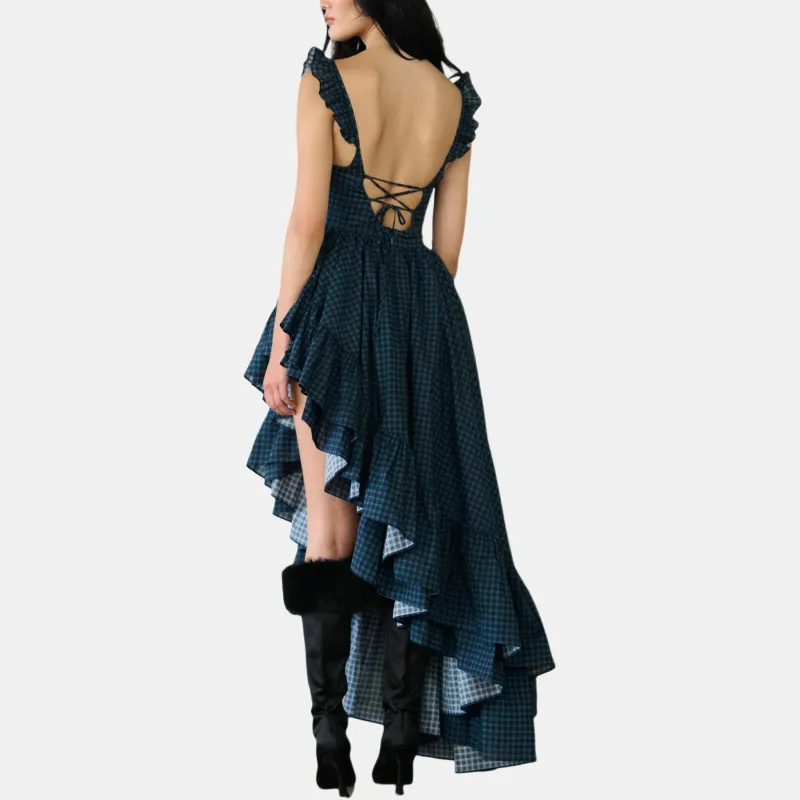 Selkie Collection FW24 Slip Dress Women's Navy Blue Base Checkerboard Pattern Print-3