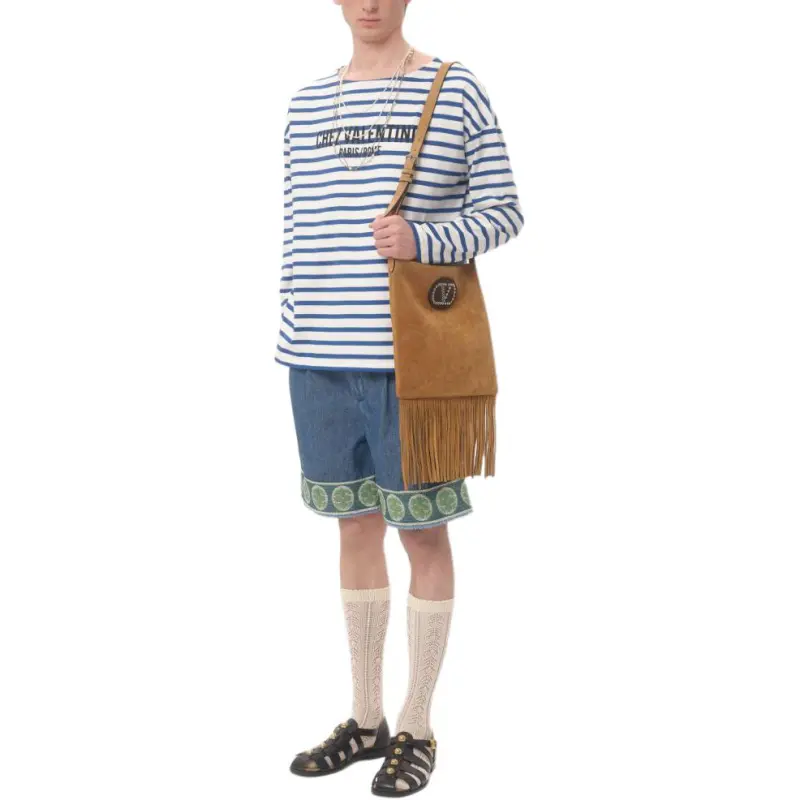 Valentino Striped Logo Printed Crewneck T Shirt-4