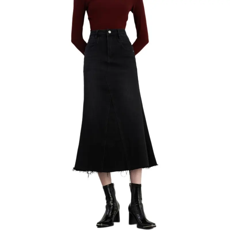 DPLAY Denim Long Skirt Women's Classic Black-1
