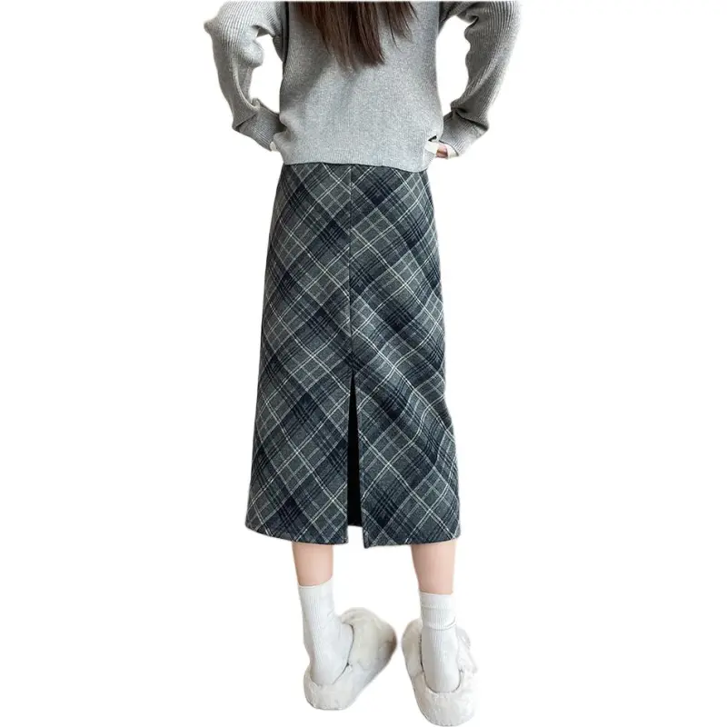 MM Casual Long Skirts Women's Blue Plaid-4