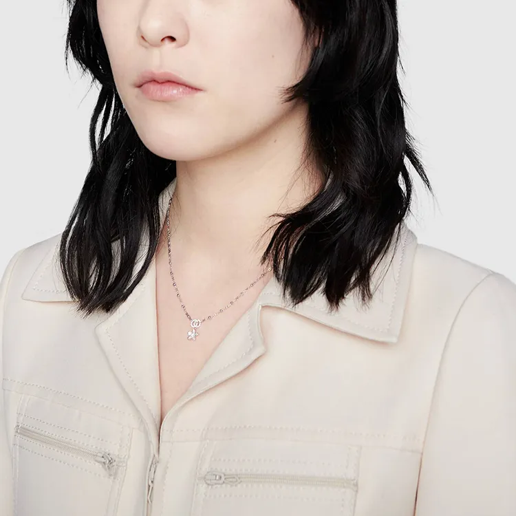 GUCCI Flower And Double G Necklace With Diamonds-2