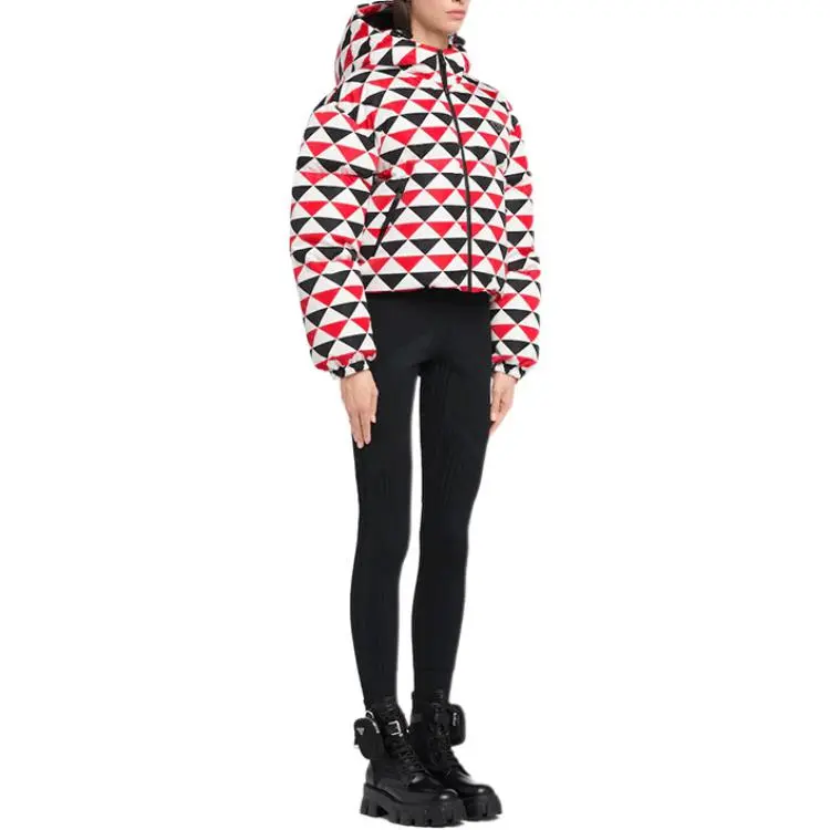 PRADA Diamond Print Triangle Logo Coat 'Navy/Red/White'-3