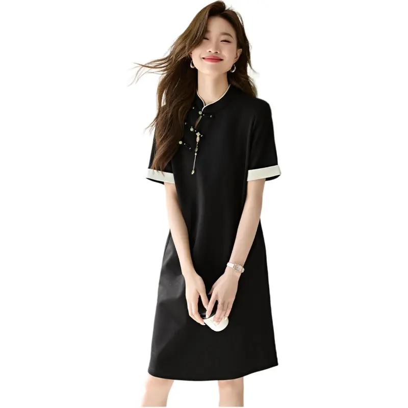 Mo Han Yi Mei SS24 Short Sleeved Dresses Women's Black & Green-2