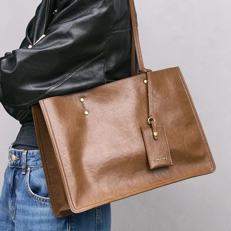 Simedin Cattle Cut Leather/fabric Tote Shoulder Bag Handbag Tubas Women's Coffee-4