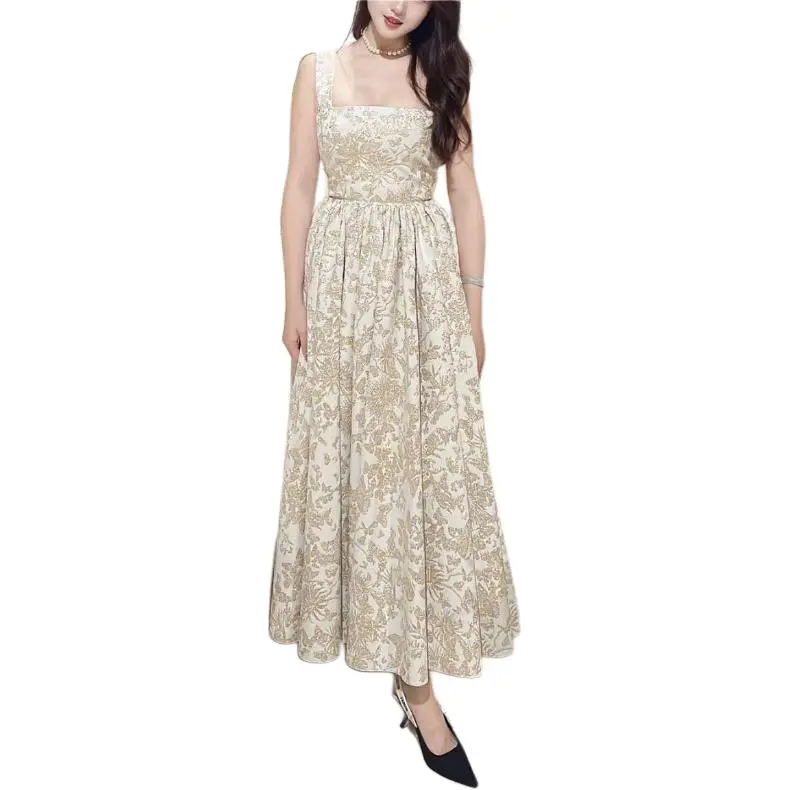 DIOR Mid-Length Belted Dress Slip Dresses Women's Gold-2