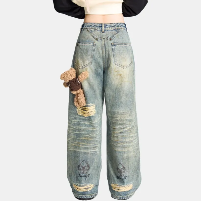 LALABOBO Jeans Unisex Medium Blue White-3