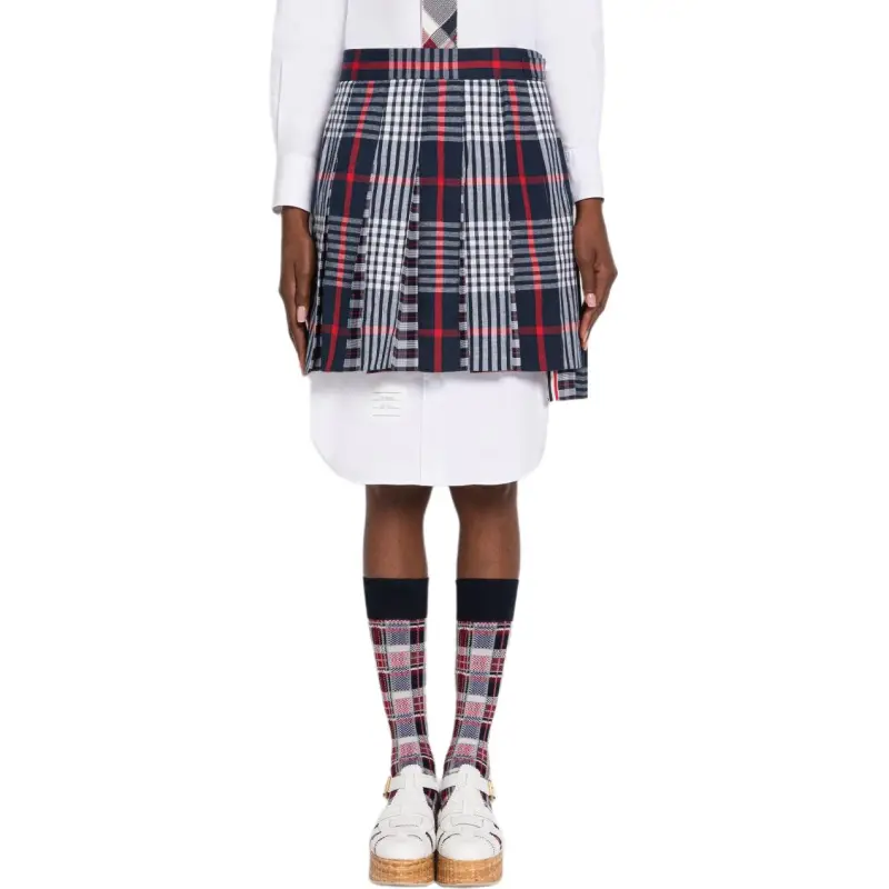 THOM BROWNE Checked Pleated Asymmetrical Skirt-5