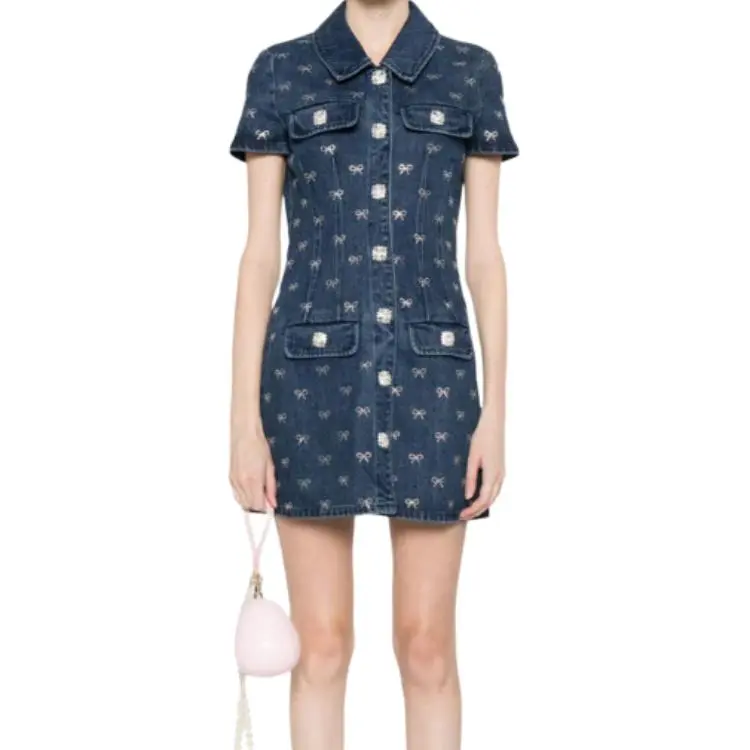 Self portrait Bow embellished Denim Mini Dress-2