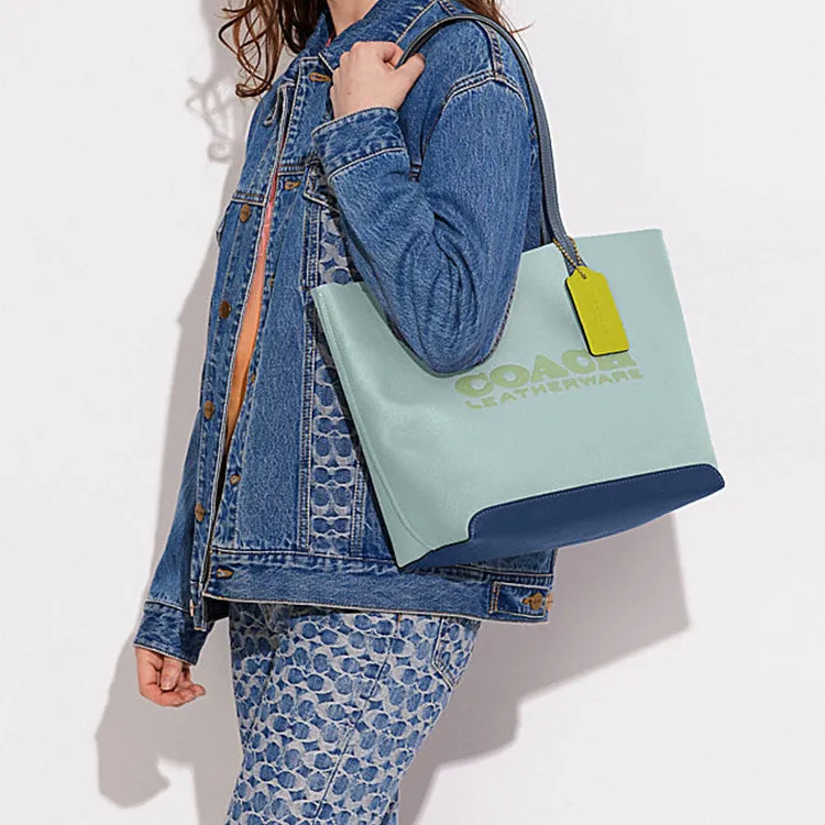 COACH Kia Cow Leather Tote Bag Shopping Bag Handbag Shoulder Bag Women's Lake Blue & Multicolor-4