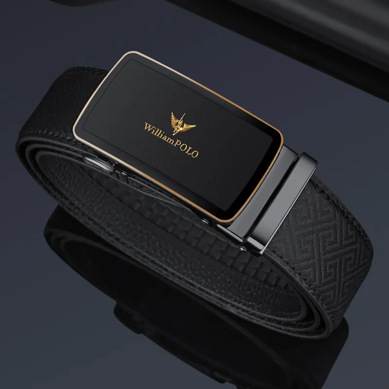 WilliamPOLO Cow Leather Leather Belts Men's Gunmetal Buckle Gold Logo 3.5cm Width-3