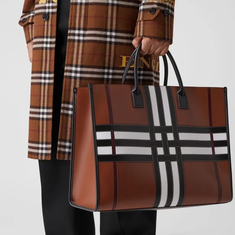 Burberry Calfskin Detail Tote Bag Shopping Bag Handbag Large Size Men's Tan-7