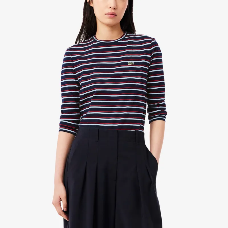 LACOSTE SS25 T Shirt Women's Red White/Dark Blue Stripes-2
