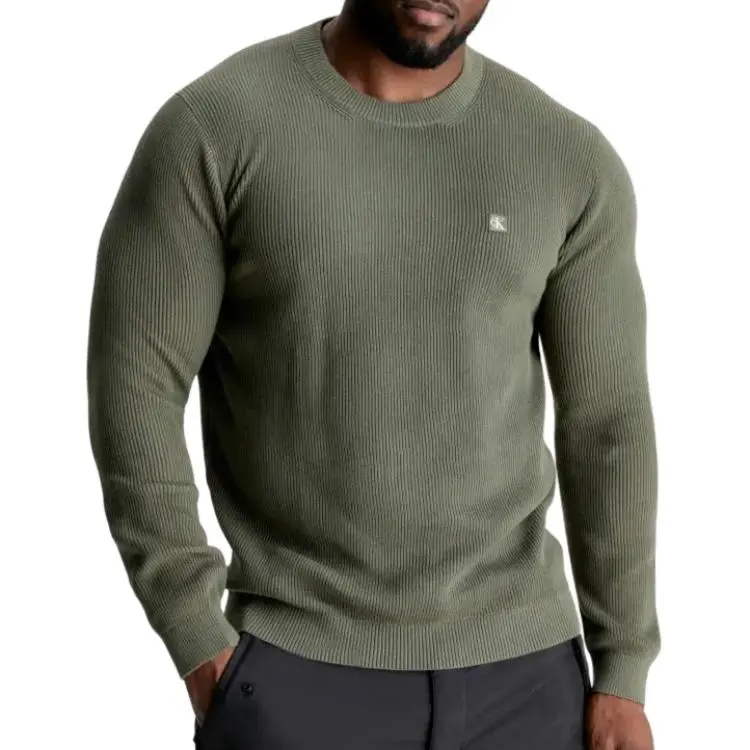 CALVIN KLEIN Ribbed Cotton Badge Jumper Sweater Men's Olive-1