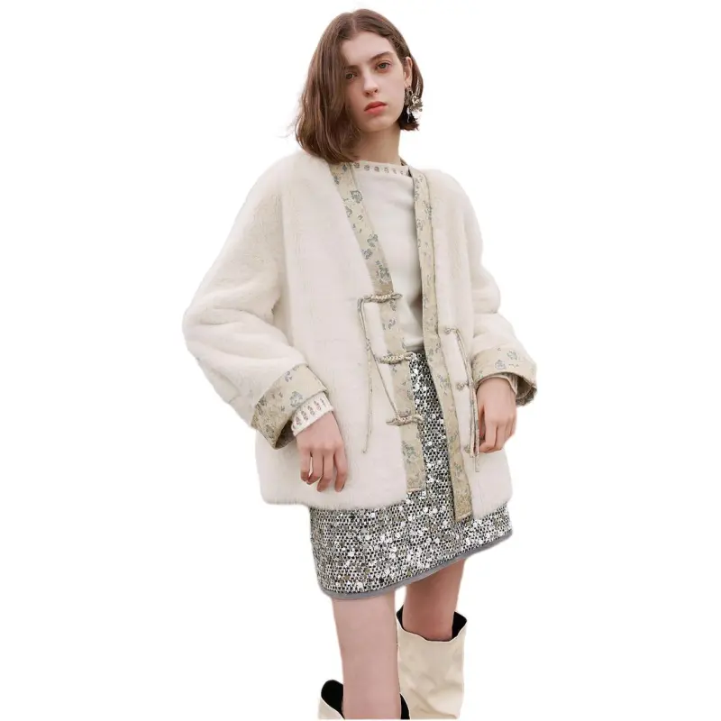 3COLOUR Velvet feel Coat Women's Oat-1