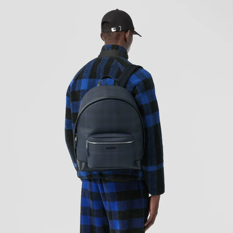 Burberry Leather Patchwork Backpack Large Size Men's Marine Blue-7