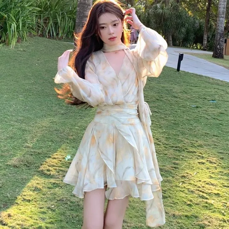 Mu Qingqing Long Sleeved Dresses Women's Light Yellow Floral-3