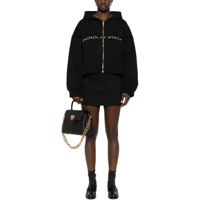 VERSACE Greca Detailed Drawstring Zipped Hoodie-1