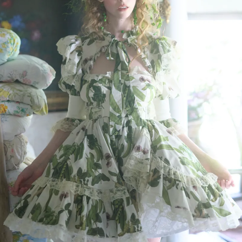 Selkie Collection SS25 Long Sleeved Dress Women's Ivory White Base With Magic Bean Print-3