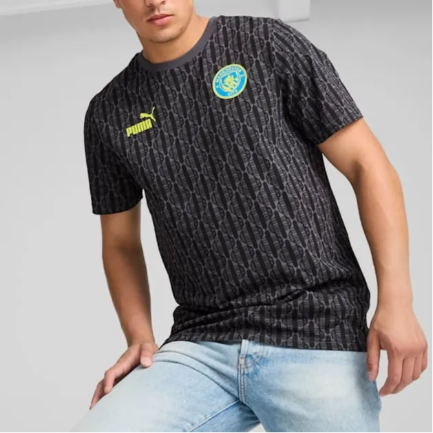 PUMA Manchester City Soccer Club Collection FC FTBL SS24 AOP T Shirt Men's Black Gray-3