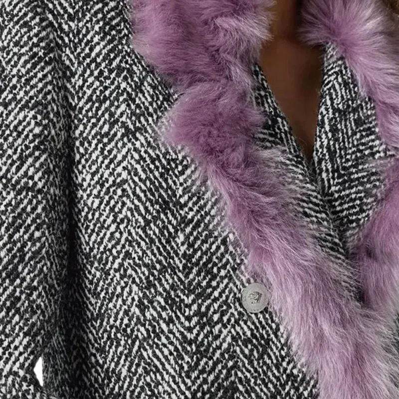 VERSACE Shearling trim Chevron Pea Coat-4