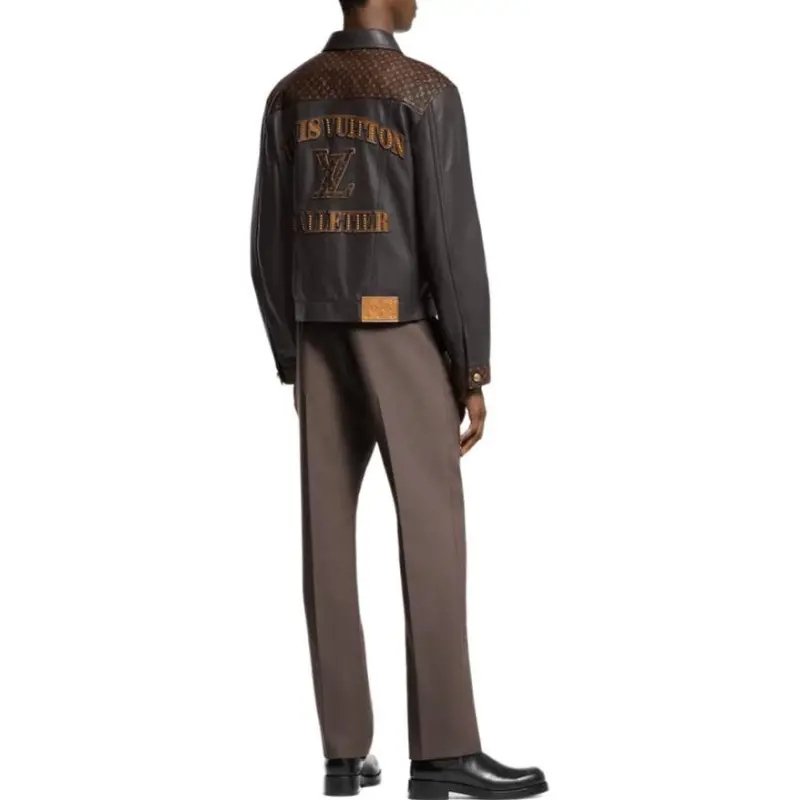 Lv Embellished Leather Trucker Jacket-2