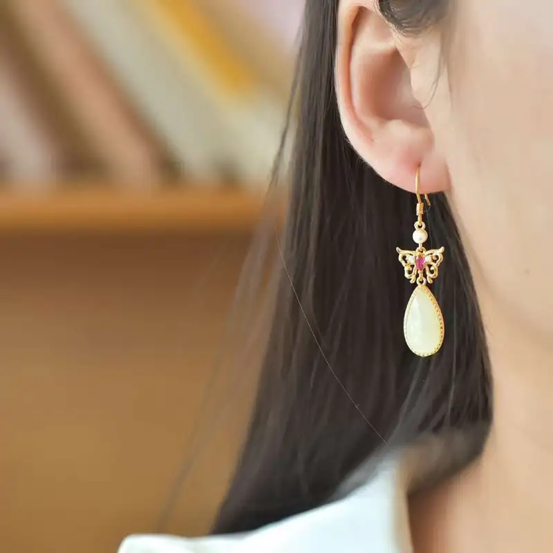 Gifts Hetian Jade Earrings Pale Greenish White Jade Unisex-4