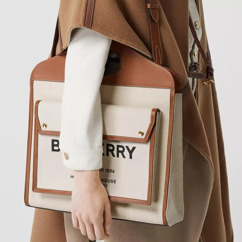 Burberry Pocket Bag Two-Tone Canvas With Leather Shoulder Bag Crossbody Bag Handbag Medium Size Women's Khaki-6