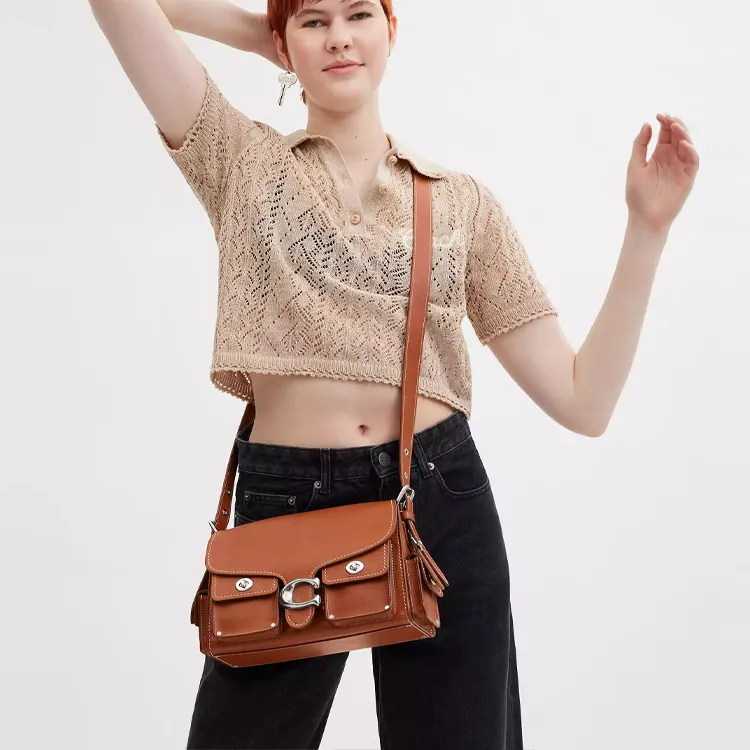 COACH CargoSoft Tabby Grain Leather Shoulder Bag Biker, One Shoulder Handbag Medium Size Women's Red Brown-3