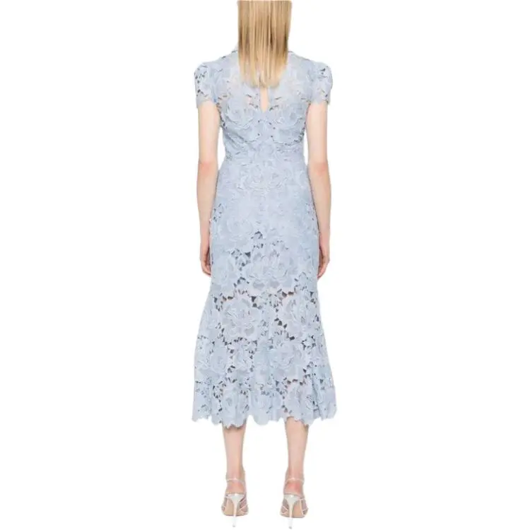 Self portrait Flower Lace Contrast Collar Midi Dress-4