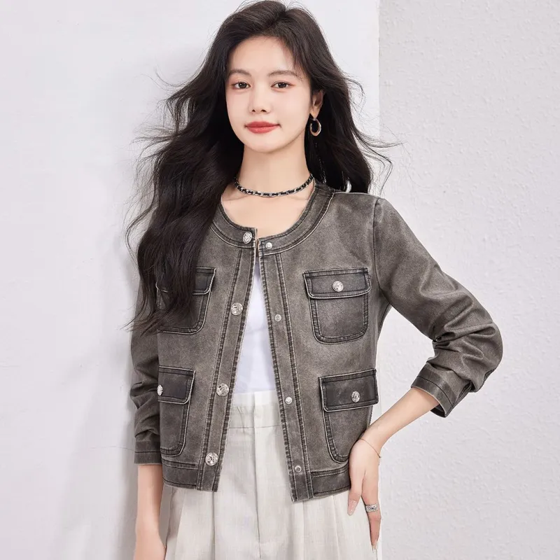 CARBAMMI Leather Jacket Women's Gray-5