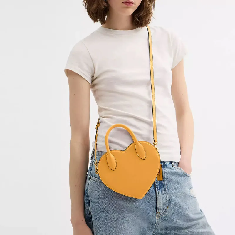 COACH Heart Leather Heart Shaped Bag, One Shoulder Handbag Trumpets Women's Brass-8