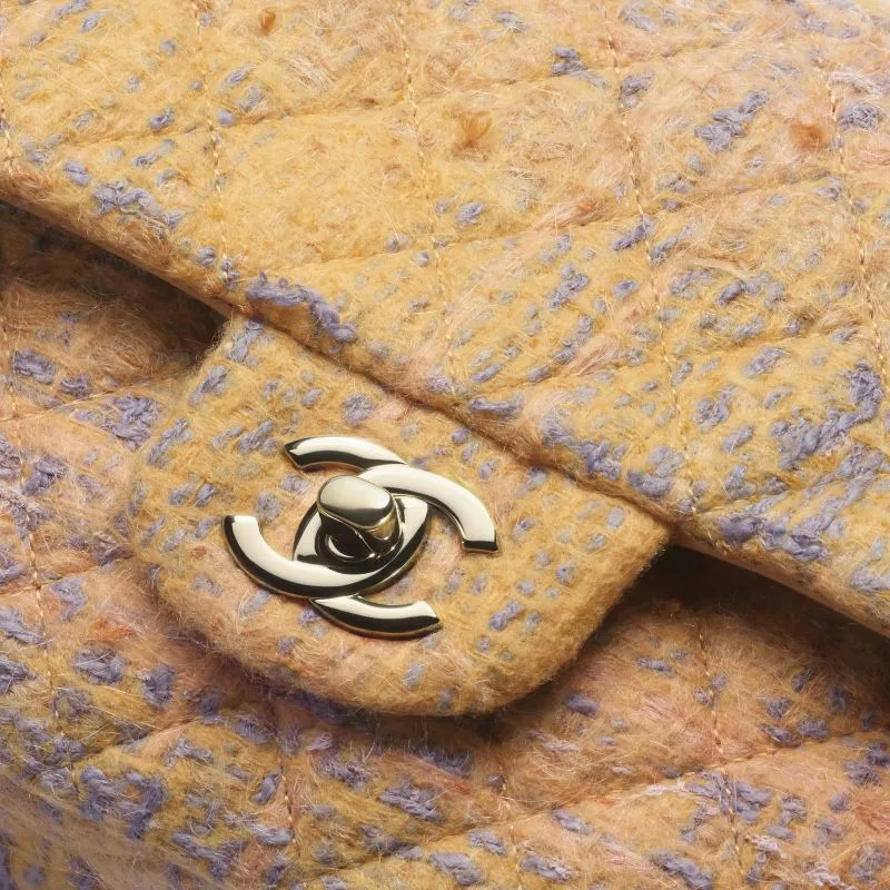 CHANEL Classic Flap CF Tweed Twill Portable Crossbody Bag, Shoulder Bag Women's Orange & Gray & Yellow-3