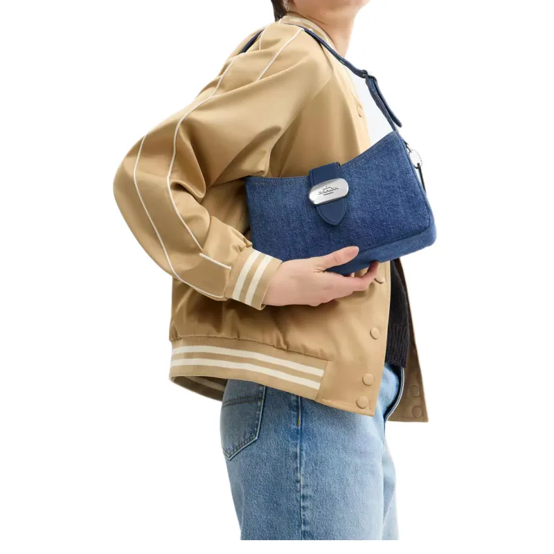COACH ElizaSignature Denim With Smooth Leather Handbag Shoulder Bag Regular Women's Denim & Silver & Indigo-3