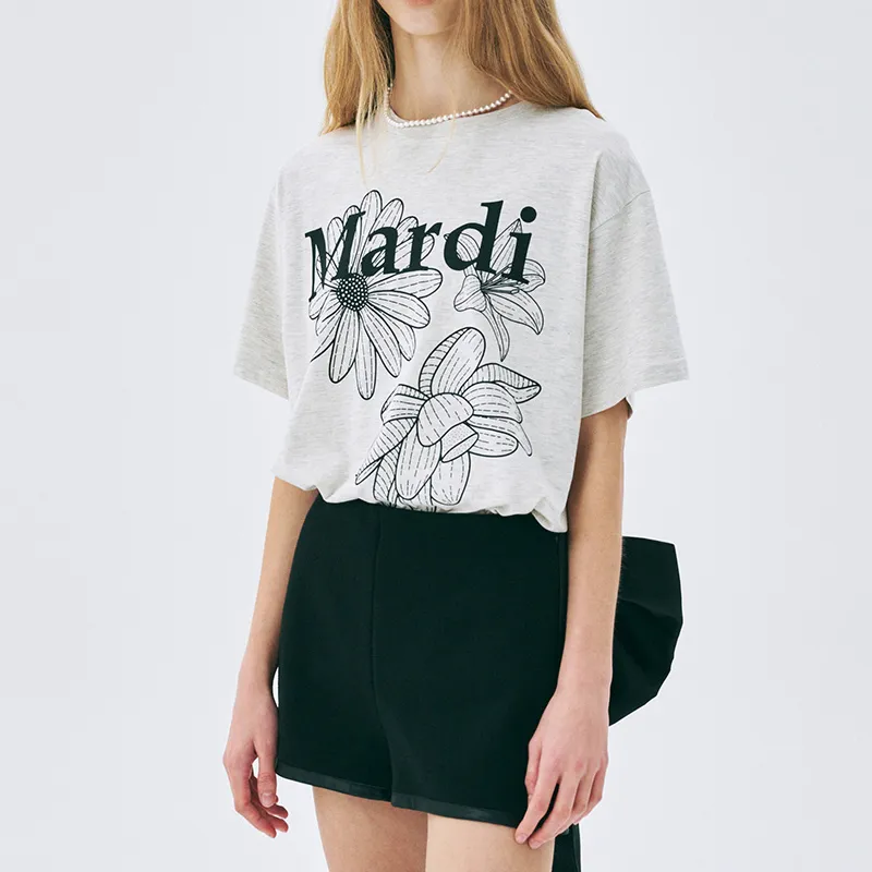 MARDI MERCREDI Three Flowers Collection SS25 T-Shirt Women's Oat Black Korean Style-4