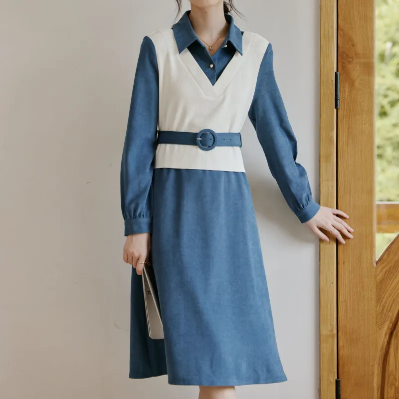 Still Quiet Long Sleeved Dresses Women's Blue-5
