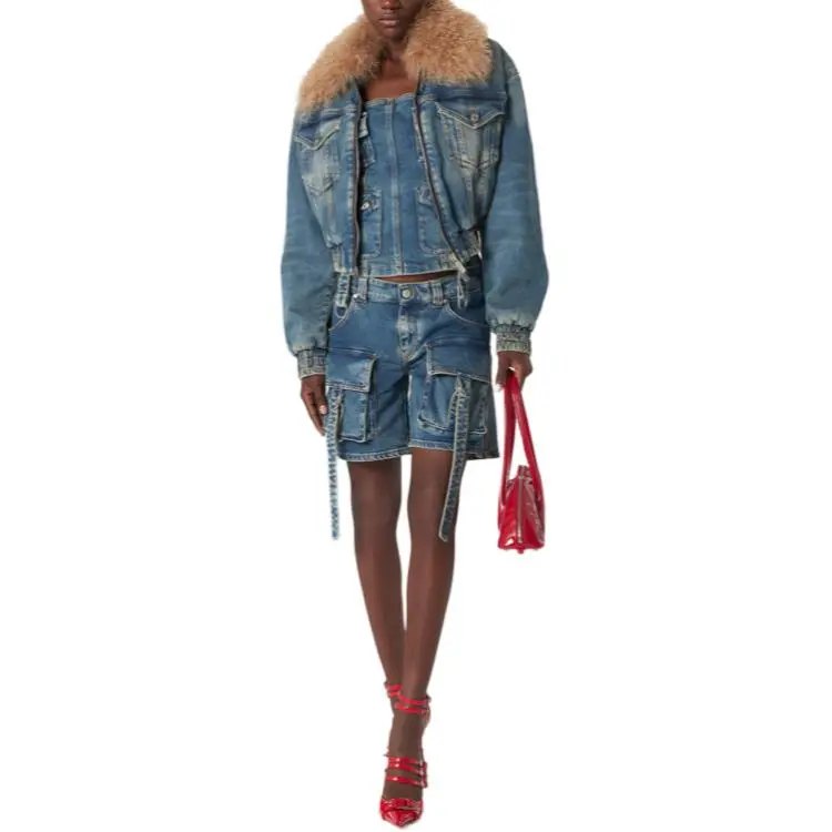 Blumarine Oversized Collar Zip Up Cropped Denim Jacket-2