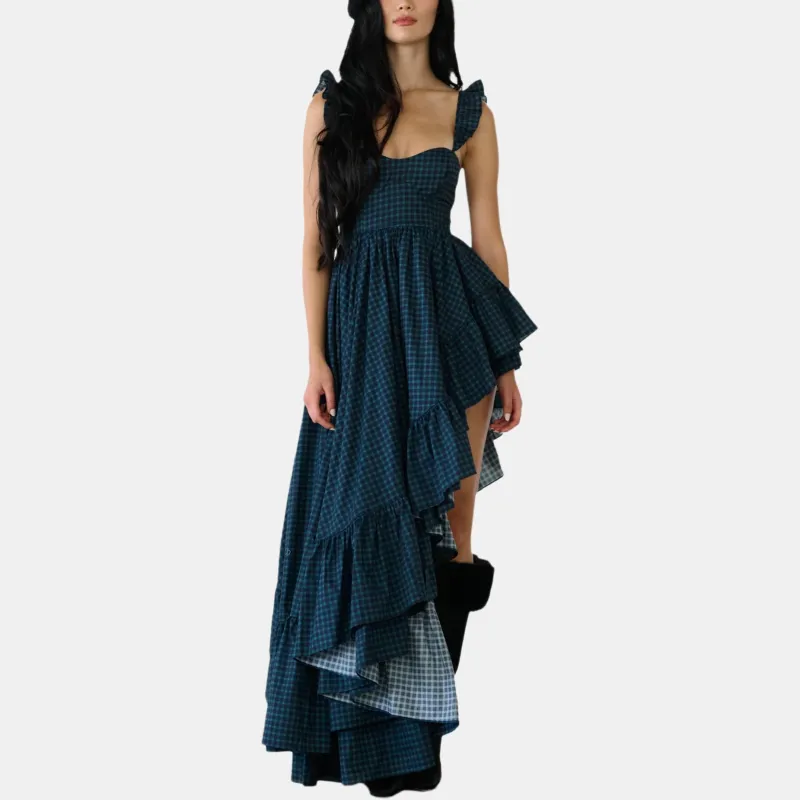 Selkie Collection FW24 Slip Dress Women's Navy Blue Base Checkerboard Pattern Print-1