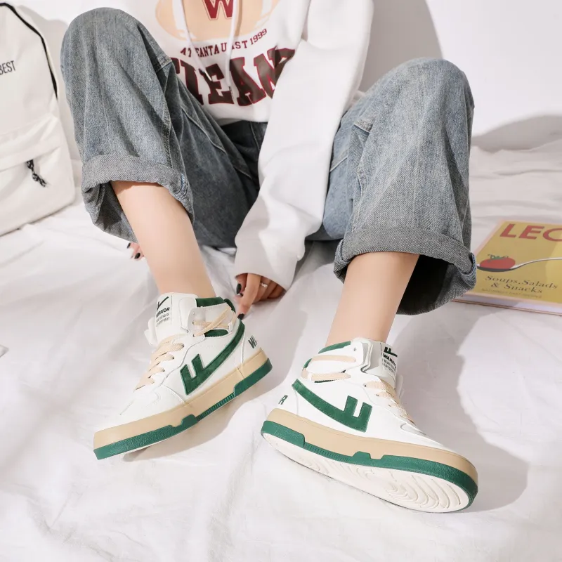 Warrior High-Top Skateboard Shoes Unisex Beige Dark Green-5