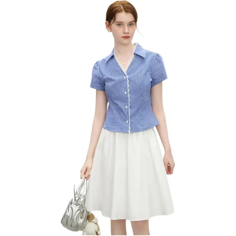 Flowers in water Shirts Women's Blue White Plaid-2