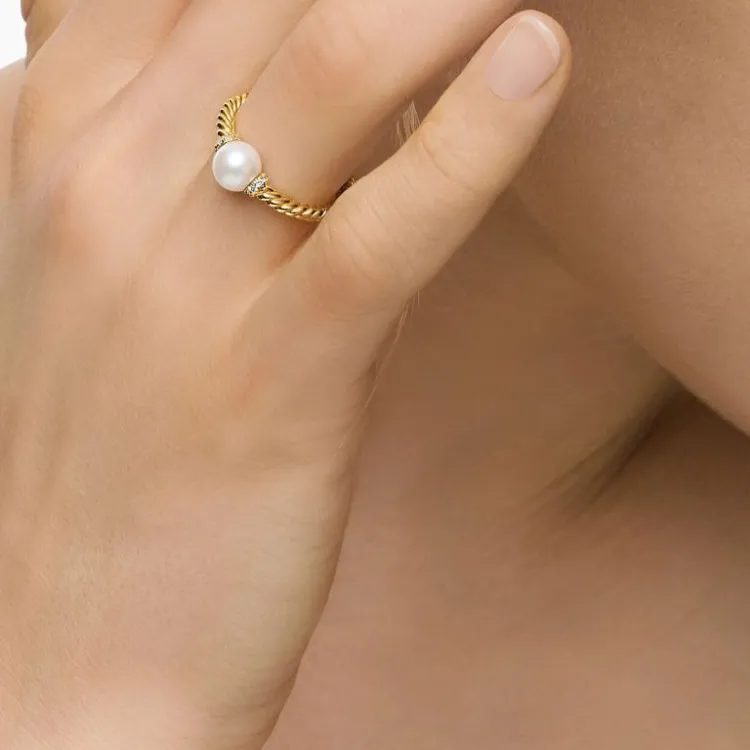David Yurman 18kt Yellow Gold Petite Solari Station Pearl And Diamond Ring 2.3mm-4